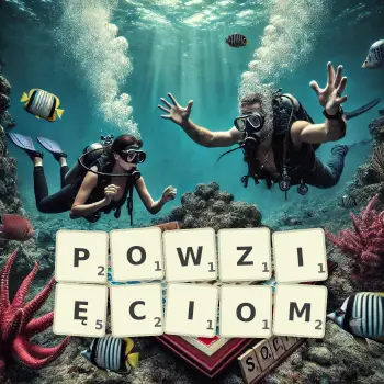 Kreatywna ilustracja do gry w Scrabble ze słowem POWZIĘCIOM ułożonym z płytek na planszy.
