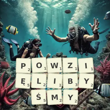 Kreatywna ilustracja do gry w Scrabble ze słowem POWZIĘLIBYŚMY ułożonym z płytek na planszy.