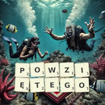 Kreatywna ilustracja do gry w Scrabble ze słowem POWZIĘTEGO ułożonym z płytek na planszy.