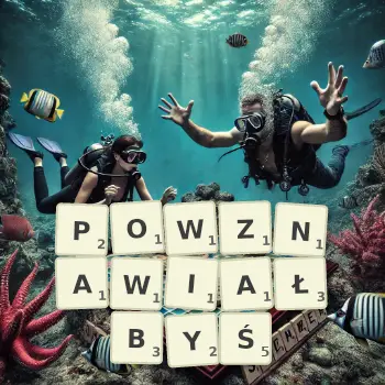 Kreatywna ilustracja do gry w Scrabble ze słowem POWZNAWIAŁBYŚ ułożonym z płytek na planszy.