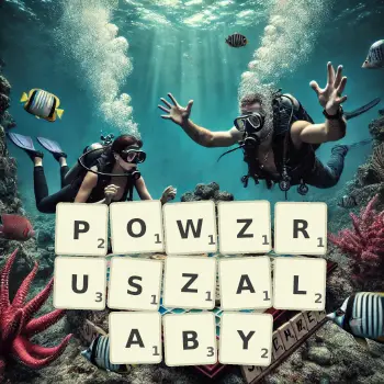 Kreatywna ilustracja do gry w Scrabble ze słowem POWZRUSZALABY ułożonym z płytek na planszy.