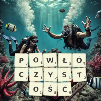 Kreatywna ilustracja do gry w Scrabble ze słowem POWŁÓCZYSTOŚĆ ułożonym z płytek na planszy.