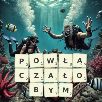 Kreatywna ilustracja do gry w Scrabble ze słowem POWŁĄCZAŁOBYM ułożonym z płytek na planszy.