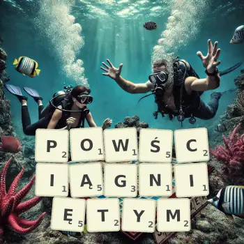 Kreatywna ilustracja do gry w Scrabble ze słowem POWŚCIĄGNIĘTYM ułożonym z płytek na planszy.