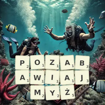 Kreatywna ilustracja do gry w Scrabble ze słowem POZABAWIAJMYŻ ułożonym z płytek na planszy.