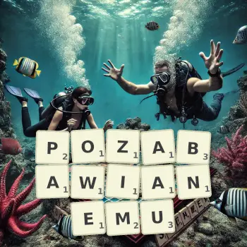 Kreatywna ilustracja do gry w Scrabble ze słowem POZABAWIANEMU ułożonym z płytek na planszy.