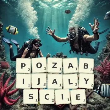 Kreatywna ilustracja do gry w Scrabble ze słowem POZABIJALYSCIE ułożonym z płytek na planszy.