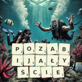 Kreatywna ilustracja do gry w Scrabble ze słowem POZABIJAŁYŚCIE ułożonym z płytek na planszy.