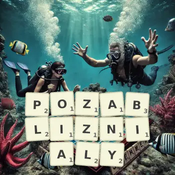 Kreatywna ilustracja do gry w Scrabble ze słowem POZABLIZNIALY ułożonym z płytek na planszy.