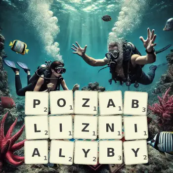 Kreatywna ilustracja do gry w Scrabble ze słowem POZABLIZNIALYBY ułożonym z płytek na planszy.