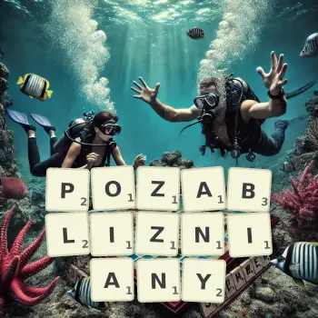 Kreatywna ilustracja do gry w Scrabble ze słowem POZABLIZNIANY ułożonym z płytek na planszy.