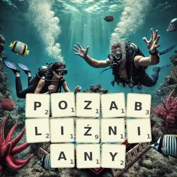 Kreatywna ilustracja do gry w Scrabble ze słowem POZABLIŹNIANY ułożonym z płytek na planszy.