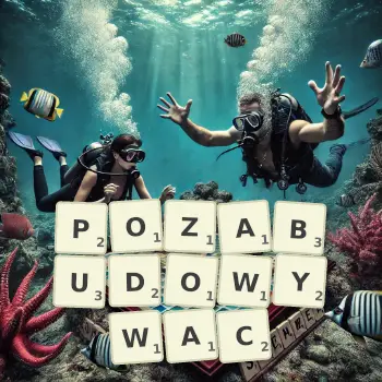 Kreatywna ilustracja do gry w Scrabble ze słowem POZABUDOWYWAC ułożonym z płytek na planszy.