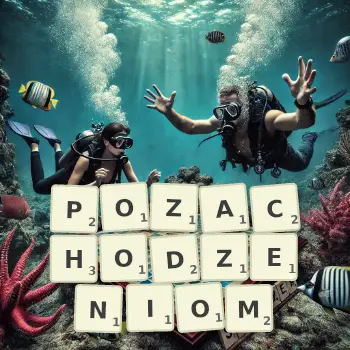 Kreatywna ilustracja do gry w Scrabble ze słowem POZACHODZENIOM ułożonym z płytek na planszy.