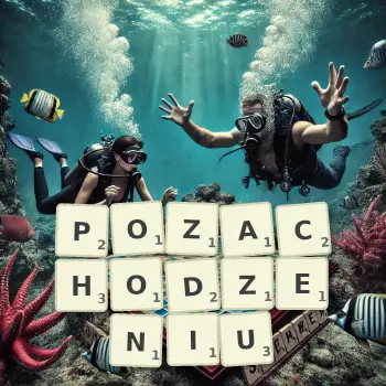 Kreatywna ilustracja do gry w Scrabble ze słowem POZACHODZENIU ułożonym z płytek na planszy.