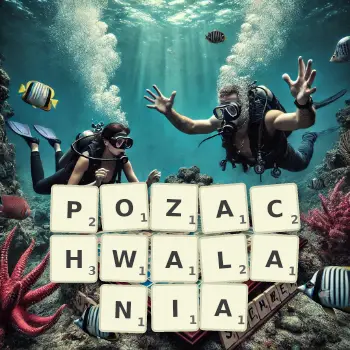 Kreatywna ilustracja do gry w Scrabble ze słowem POZACHWALANIA ułożonym z płytek na planszy.