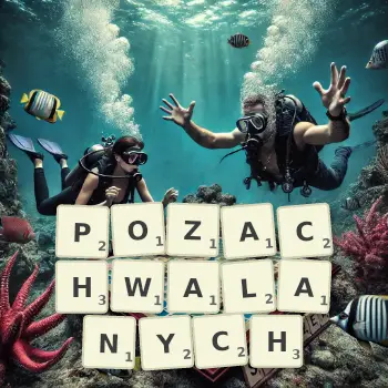 Kreatywna ilustracja do gry w Scrabble ze słowem POZACHWALANYCH ułożonym z płytek na planszy.