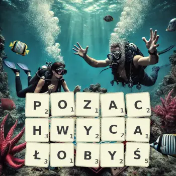 Kreatywna ilustracja do gry w Scrabble ze słowem POZACHWYCAŁOBYŚ ułożonym z płytek na planszy.