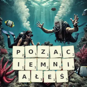 Kreatywna ilustracja do gry w Scrabble ze słowem POZACIEMNIAŁEŚ ułożonym z płytek na planszy.