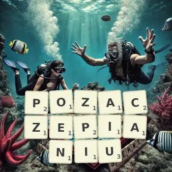 Kreatywna ilustracja do gry w Scrabble ze słowem POZACZEPIANIU ułożonym z płytek na planszy.