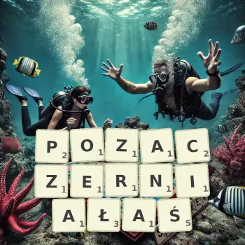 Kreatywna ilustracja do gry w Scrabble ze słowem POZACZERNIAŁAŚ ułożonym z płytek na planszy.