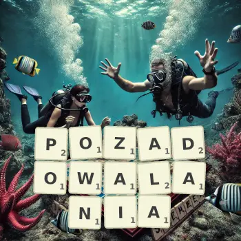 Kreatywna ilustracja do gry w Scrabble ze słowem POZADOWALANIA ułożonym z płytek na planszy.