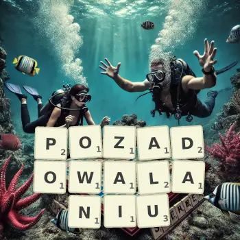 Kreatywna ilustracja do gry w Scrabble ze słowem POZADOWALANIU ułożonym z płytek na planszy.