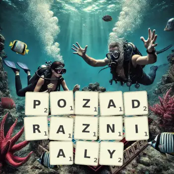 Kreatywna ilustracja do gry w Scrabble ze słowem POZADRAZNIALY ułożonym z płytek na planszy.