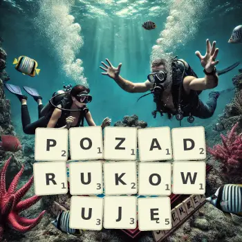 Kreatywna ilustracja do gry w Scrabble ze słowem POZADRUKOWUJĘ ułożonym z płytek na planszy.