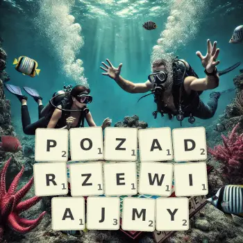 Kreatywna ilustracja do gry w Scrabble ze słowem POZADRZEWIAJMY ułożonym z płytek na planszy.