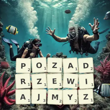 Kreatywna ilustracja do gry w Scrabble ze słowem POZADRZEWIAJMYZ ułożonym z płytek na planszy.