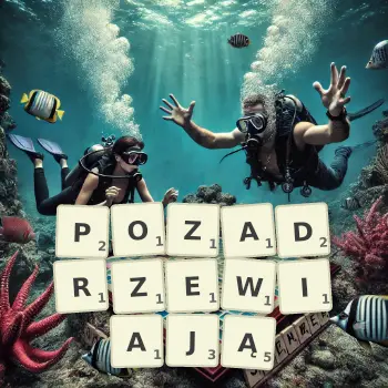 Kreatywna ilustracja do gry w Scrabble ze słowem POZADRZEWIAJĄ ułożonym z płytek na planszy.