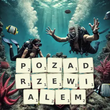 Kreatywna ilustracja do gry w Scrabble ze słowem POZADRZEWIALEM ułożonym z płytek na planszy.