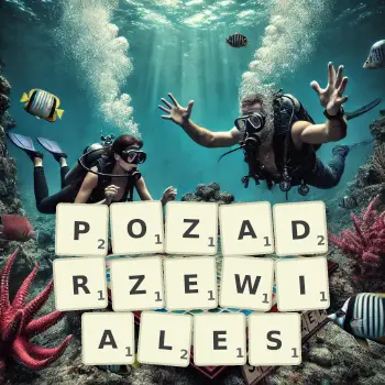 Kreatywna ilustracja do gry w Scrabble ze słowem POZADRZEWIALES ułożonym z płytek na planszy.