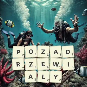Kreatywna ilustracja do gry w Scrabble ze słowem POZADRZEWIALY ułożonym z płytek na planszy.