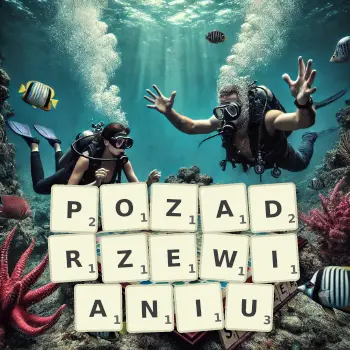 Kreatywna ilustracja do gry w Scrabble ze słowem POZADRZEWIANIU ułożonym z płytek na planszy.