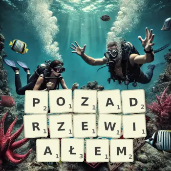 Kreatywna ilustracja do gry w Scrabble ze słowem POZADRZEWIAŁEM ułożonym z płytek na planszy.