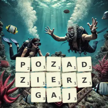 Kreatywna ilustracja do gry w Scrabble ze słowem POZADZIERZGAJ ułożonym z płytek na planszy.
