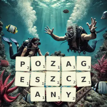 Kreatywna ilustracja do gry w Scrabble ze słowem POZAGESZCZANY ułożonym z płytek na planszy.
