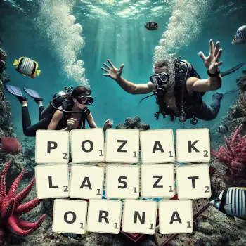 Kreatywna ilustracja do gry w Scrabble ze słowem POZAKLASZTORNA ułożonym z płytek na planszy.
