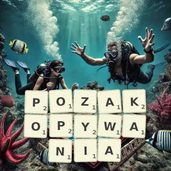 Kreatywna ilustracja do gry w Scrabble ze słowem POZAKOPYWANIA ułożonym z płytek na planszy.