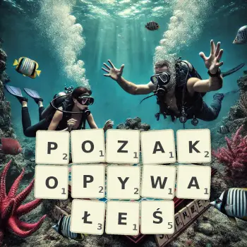 Kreatywna ilustracja do gry w Scrabble ze słowem POZAKOPYWAŁEŚ ułożonym z płytek na planszy.