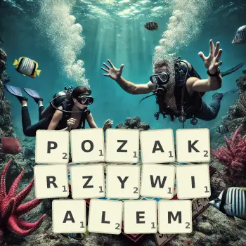 Kreatywna ilustracja do gry w Scrabble ze słowem POZAKRZYWIALEM ułożonym z płytek na planszy.