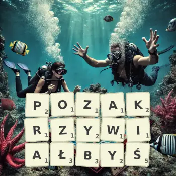 Kreatywna ilustracja do gry w Scrabble ze słowem POZAKRZYWIAŁBYŚ ułożonym z płytek na planszy.