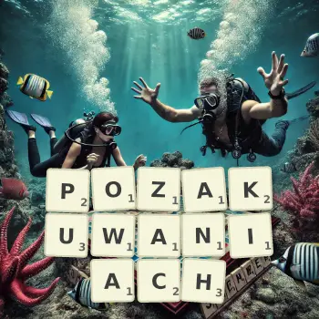 Kreatywna ilustracja do gry w Scrabble ze słowem POZAKUWANIACH ułożonym z płytek na planszy.