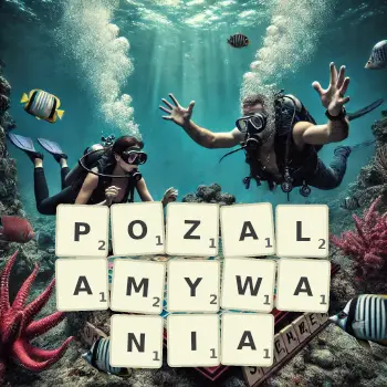 Kreatywna ilustracja do gry w Scrabble ze słowem POZALAMYWANIA ułożonym z płytek na planszy.