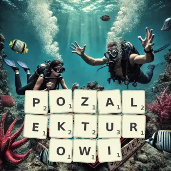 Kreatywna ilustracja do gry w Scrabble ze słowem POZALEKTUROWI ułożonym z płytek na planszy.