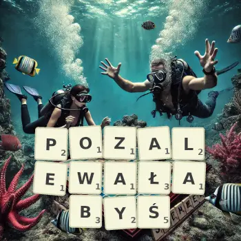 Kreatywna ilustracja do gry w Scrabble ze słowem POZALEWAŁABYŚ ułożonym z płytek na planszy.