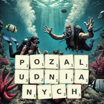 Kreatywna ilustracja do gry w Scrabble ze słowem POZALUDNIANYCH ułożonym z płytek na planszy.