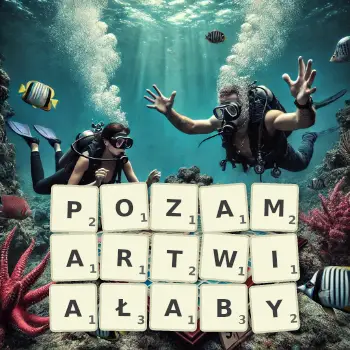 Kreatywna ilustracja do gry w Scrabble ze słowem POZAMARTWIAŁABY ułożonym z płytek na planszy.